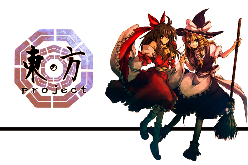 2girls, ascot, bare_shoulders, blonde_hair, blue_eyes, bow, braid, broom