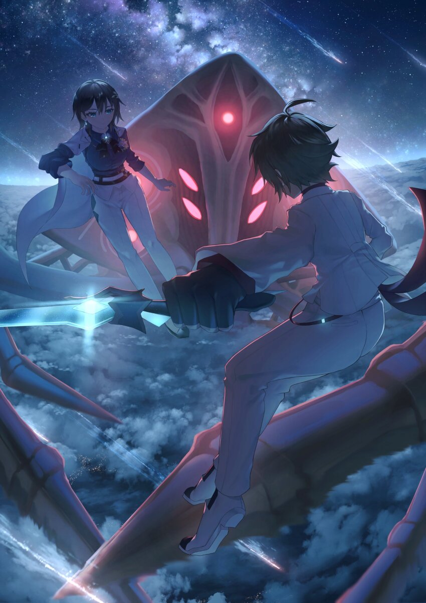 1other, 2girls, ahoge, aoi_erika, aoi_erika_(connect_legacy), asukake_project, black_hair, blue_eyes