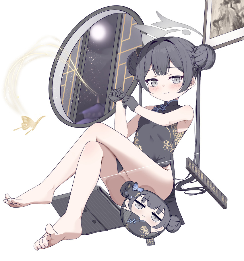 1girl, absurdres, ass_press, bare_arms, bare_legs, bare_shoulders, barefoot, black_dress