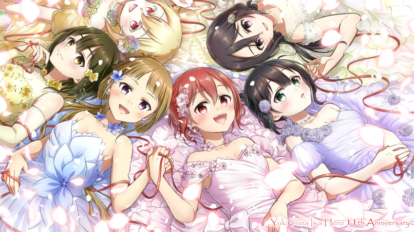 6+girls, black_hair, blonde_hair, blush, breasts, brown_eyes, brown_hair, character_request