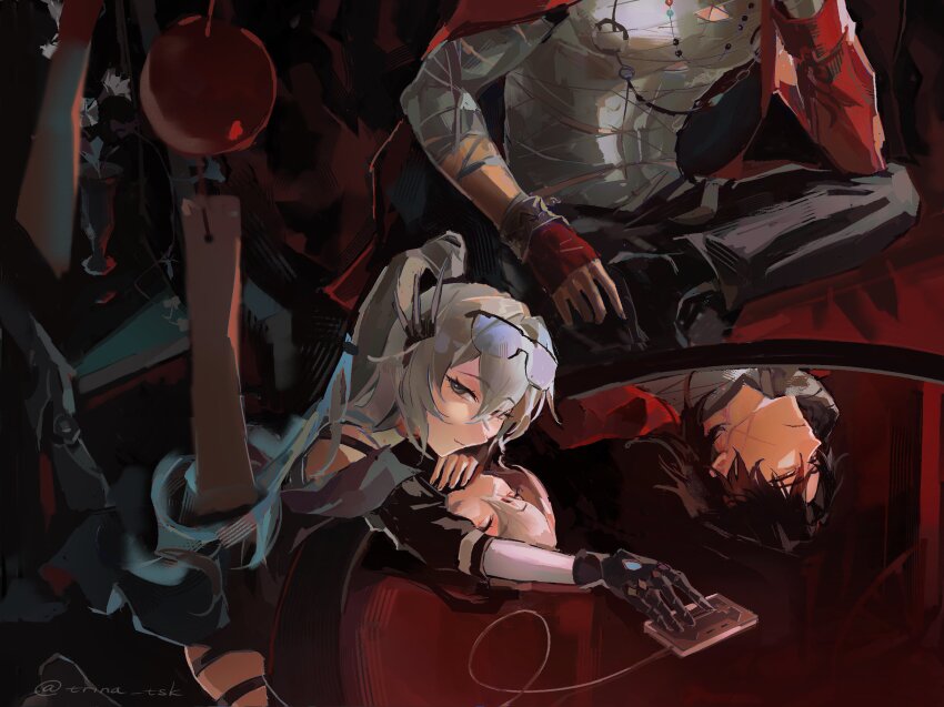 1boy, 1girl, bandaged_torso, beads, black_hair, mortenax_blade_(honkai:_star_rail), blade_(honkai:_star_rail), bracelet