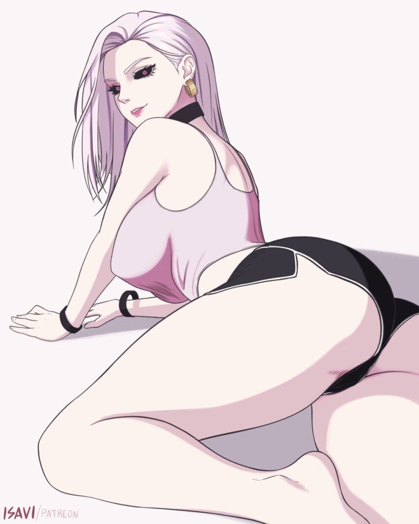 1girl, armpit_crease, ass, back, barefoot, black_choker, black_sclera, black_shorts, bracelet, breasts, choker, colored_sclera, commentary, curtained_hair, dolphin_shorts, earrings, english_commentary, from_behind, gold_earrings, hands_on_ground, highres, isavi, jewelry, jujutsu_kaisen, large_breasts, long_hair, looking_at_viewer, looking_back, lying, median_furrow, mole, mole_on_thigh, multicolored_hair, on_ground, on_side, parted_lips, pink_hair, pink_lips, pink_tank_top, purple_hair, purple_pupils, shadow, shorts, simple_background, smile, solo, streaked_hair, tank_top, taut_clothes, teeth, thick_thighs, thighs, upper_teeth_only, uro_takako, white_background