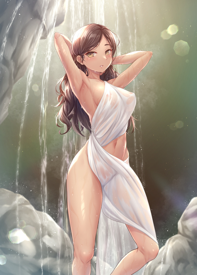 1girl, aged_up, breasts, brown_eyes, brown_hair, commentary_request, dark-skinned_female, dark_skin, feet_out_of_frame, hair_down, kantai_collection, long_hair, parted_bangs, rock, ryu-akt, see-through_clothes, small_breasts, solo, standing, thonburi_(kancolle), tunic, water