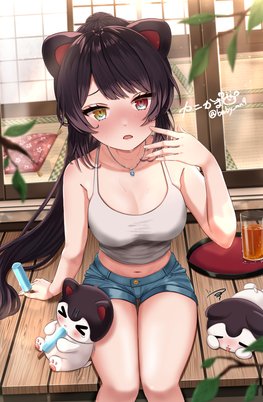 >_<, 1girl, alternate_costume, animal, animal_ears, arm_support, artist_name, baby_mn9, banken_(inui_toko), bare_arms, bare_legs, bare_shoulders, blue_shorts, blurry, blurry_foreground, blush, brain_freeze, breasts, brown_hair, cleavage, commentary_request, cup, dog_ears, drink, drinking_glass, eating, eyelashes, fang, fanning_face, feet_out_of_frame, food, glass_door, hand_up, heterochromia, highres, holding, holding_food, holding_popsicle, hot, inui_toko, jewelry, large_breasts, long_hair, looking_at_viewer, midriff, navel, nijisanji, missing_tail, nose_blush, open_mouth, pendant, ponytail, popsicle, porch, raised_inner_eyebrows, red_eyes, shorts, sitting, squiggle, summer, sweat, tank_top, taut_clothes, thigh_gap, tray, trembling, twitter_username, very_long_hair, virtual_youtuber, white_tank_top, yellow_eyes