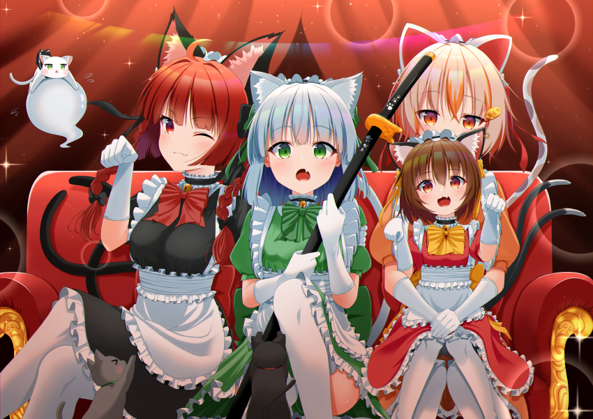 4girls, absurdres, alternate_costume, animal_ear_fluff, animal_ear_piercing, animal_ears, apron, bell