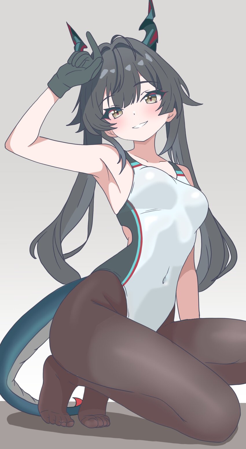 1girl, absurdres, alternate_costume, arknights, arm_up, bare_shoulders, black_gloves, black_hair