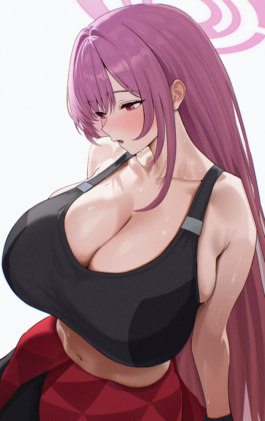 1girl, bare_shoulders, black_sports_bra, blue_archive, blush, breasts, cleavage, collarbone