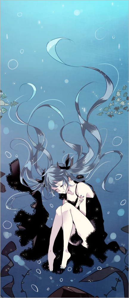 1girl, amane_mio, aqua_hair, barefoot, black_dress, closed_eyes, dress, feet, female_focus, floating_hair, full_body, hatsune_miku, long_hair, plantar_flexion, shinkai_shoujo_(vocaloid), solo, twintails, underwater, very_long_hair, vocaloid