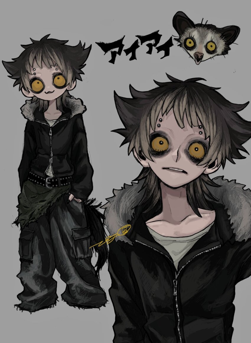 1boy, animal, aye-aye, baggy_pants, bags_under_eyes, black_jacket, brown_hair, cargo_pants
