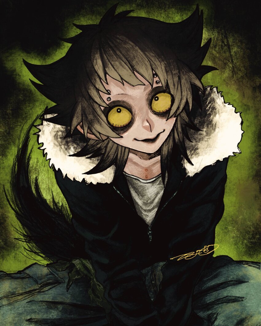 1boy, arms_between_legs, aye-aye, baggy_pants, bags_under_eyes, black_background, black_hair, black_jacket