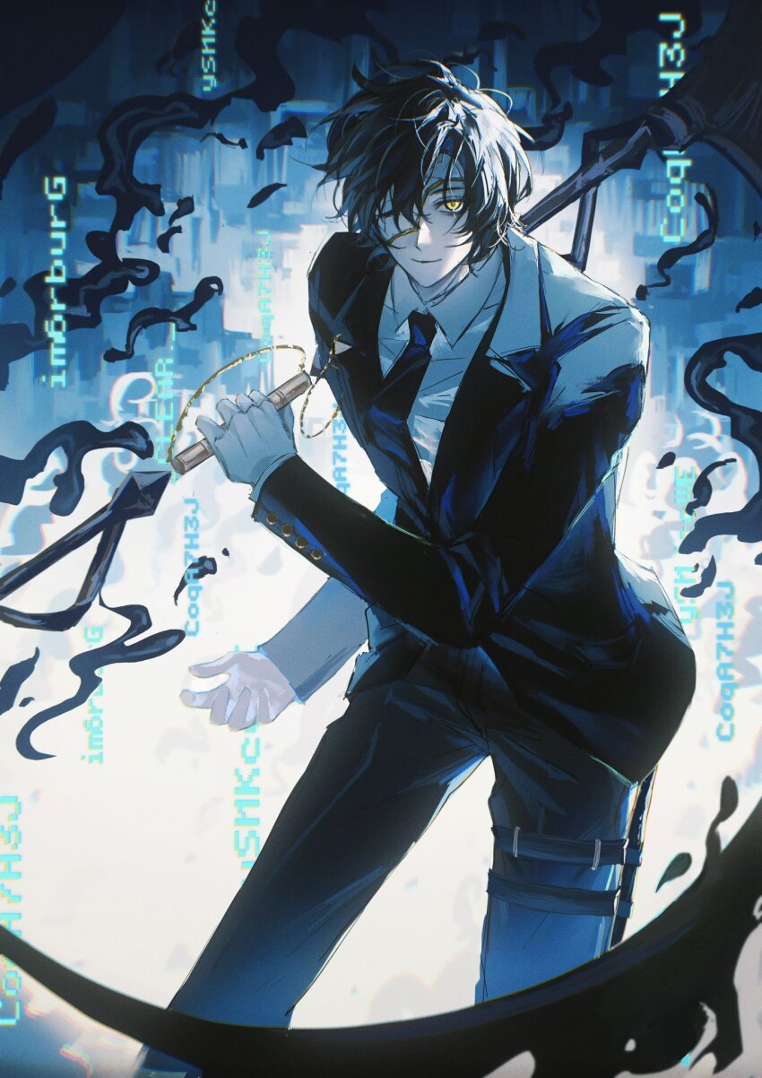 1boy, black_hair, black_jacket, black_necktie, black_pants, black_suit, chinese_commentary, ciphertext