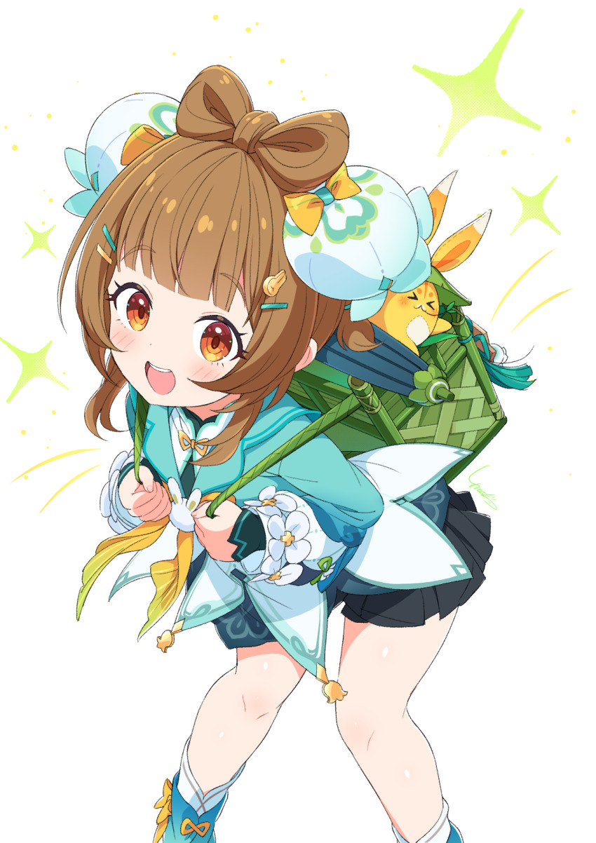 1girl, blush, bow-shaped_hair, brown_hair, china_dress, chinese_clothes, commentary_request, creature