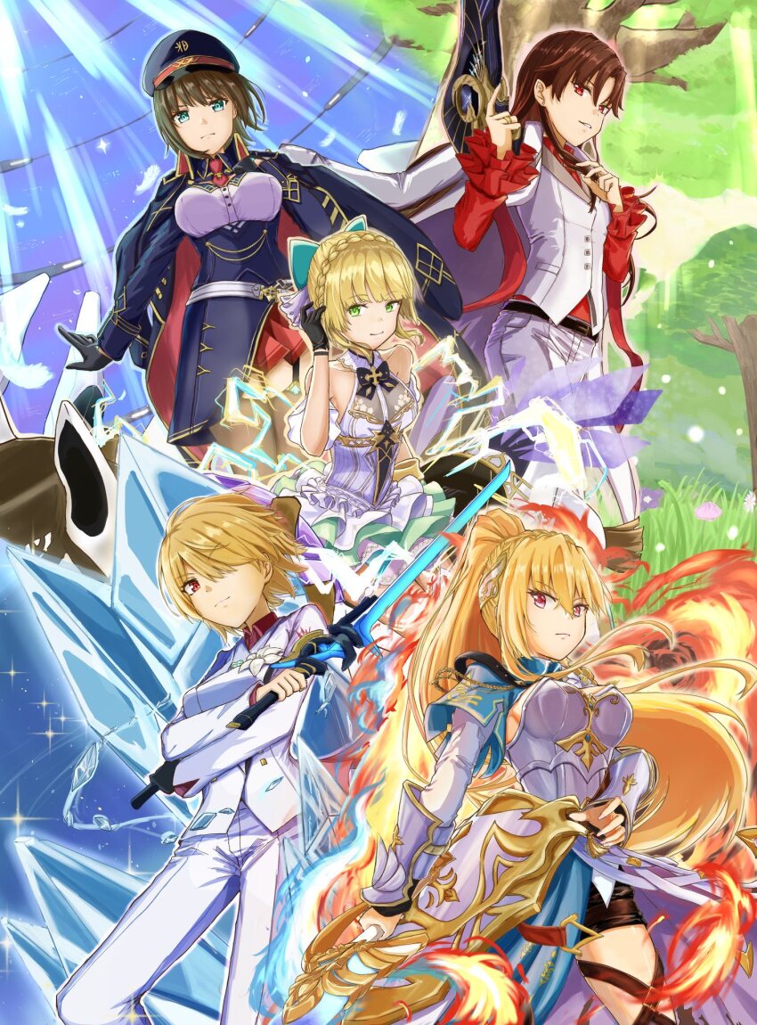 5girls, aoi_erika, black_hair, blonde_hair, blue_eyes, braid, brown_hair, green_eyes