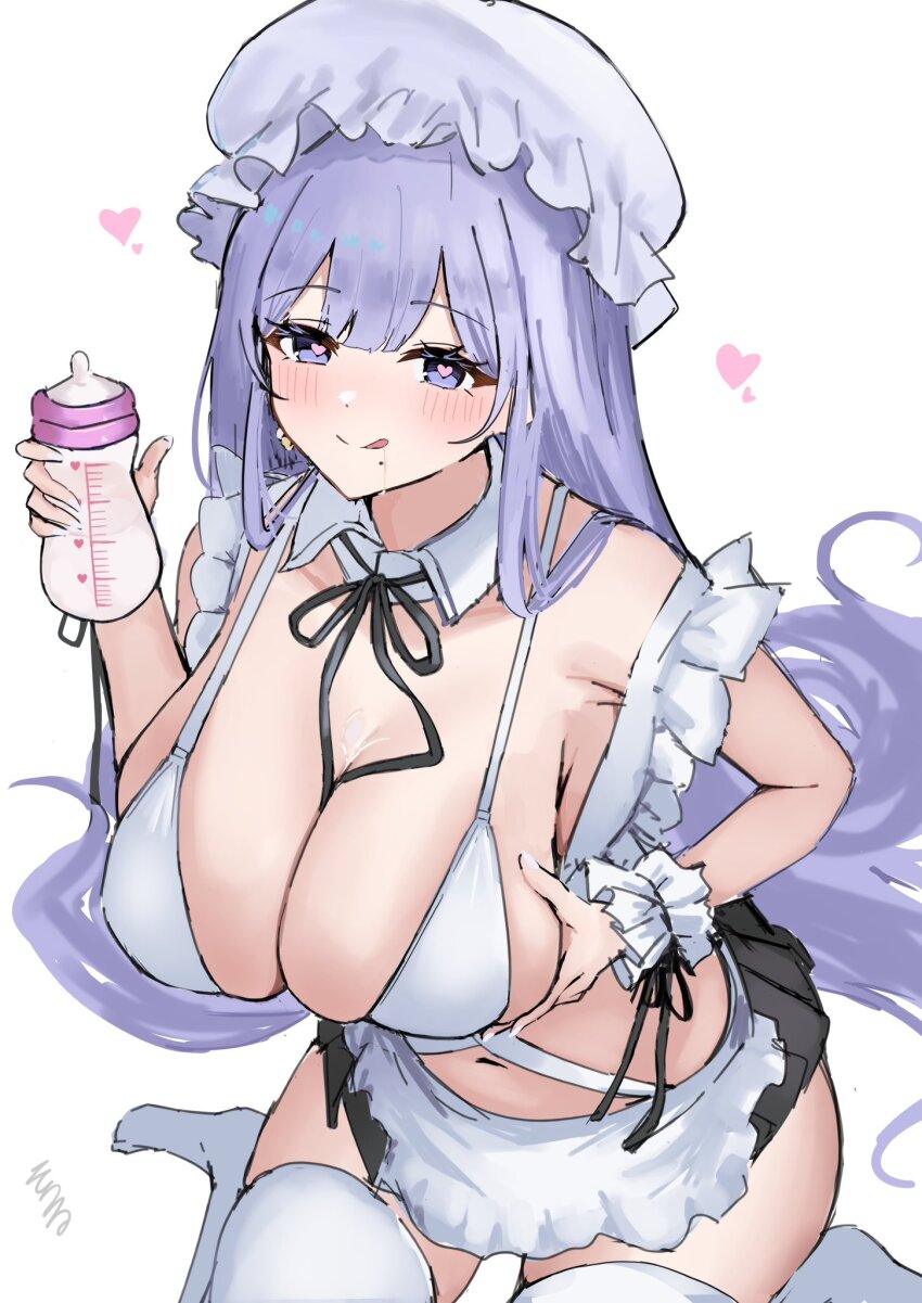 1girl, :q, apron, azur_lane, baby_bottle, bottle, breasts, cleavage, commentary_request, detached_collar, frilled_apron, frilled_headwear, frills, guichen_(azur_lane), guichen_(milk_and_kisses)_(azur_lane), heart, heart-shaped_pupils, highres, holding, holding_bottle, huge_breasts, long_hair, looking_at_viewer, mole, mole_under_mouth, official_alternate_costume, purple_eyes, simple_background, solo, soul_(dp11), symbol-shaped_pupils, thighhighs, tongue, tongue_out, very_long_hair, white_apron, white_background, white_thighhighs