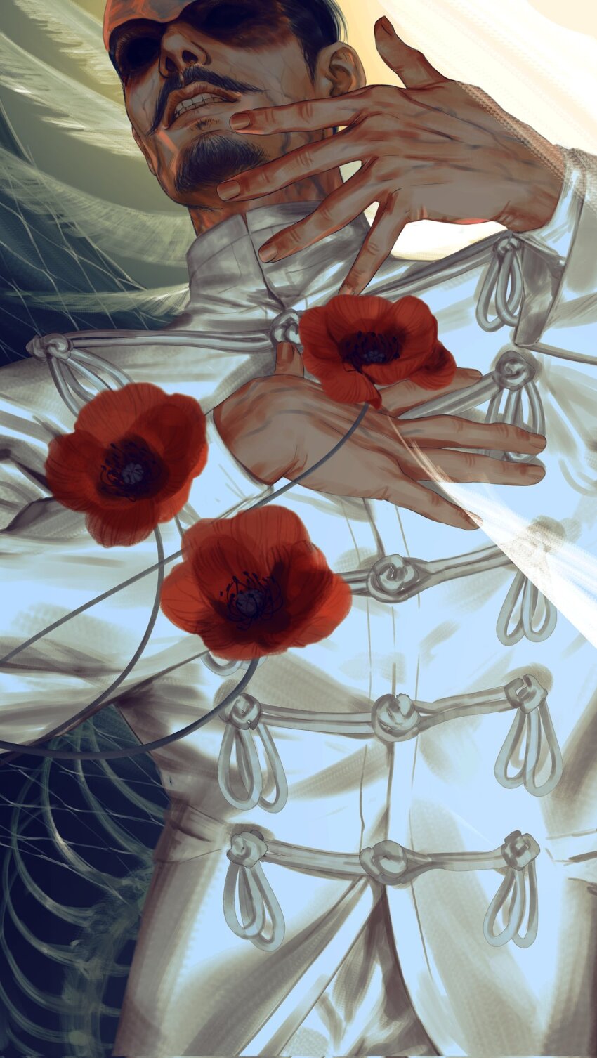 1boy, black_hair, clenched_teeth, duke_kleist, facial_hair, flower, forehead_protector, goatee