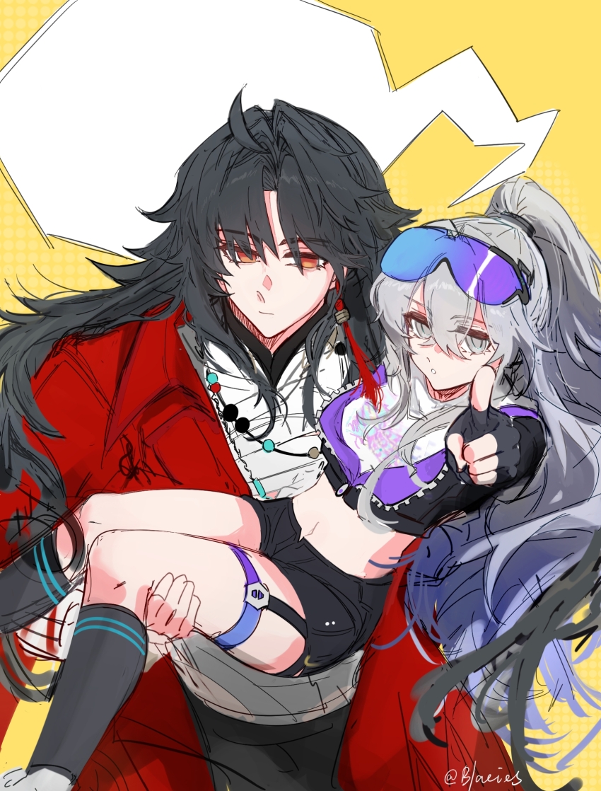 1boy, 1girl, ahoge, bandages, beads, blacies, black_hair, blade_(elation)_(honkai:_star_rail), blade_(honkai:_star_rail), carrying, chinese_commentary, commentary_request, double-parted_bangs, earrings, eyewear_on_head, fingerless_gloves, gloves, grey_eyes, grey_hair, hair_between_eyes, highres, honkai:_star_rail, honkai_(series), jacket, jewelry, long_hair, midriff, necklace, open_clothes, open_jacket, orange_eyes, pointing, ponytail, princess_carry, shorts, silver_wolf_(lv.999)_(honkai:_star_rail), silver_wolf_(honkai:_star_rail), single_earring, socks, tassel, thigh_strap, very_long_hair, zipper