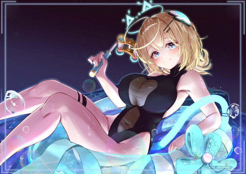1girl, absurdres, ahoge, black_one-piece_swimsuit, blonde_hair, blue_eyes, blue_halo, blue_tail, breasts, bubble, cleavage, commentary_request, commission, halo, highleg, highres, indie_virtual_youtuber, innertube, large_breasts, lens_flare, medium_hair, mizu_kiseru, mole, mole_under_eye, navel, navina_nova, one-piece_swimsuit, partially_submerged, see-through_clothes, see-through_one-piece_swimsuit, solo, swim_ring, swimsuit, thigh_strap, thighs, virtual_youtuber, water