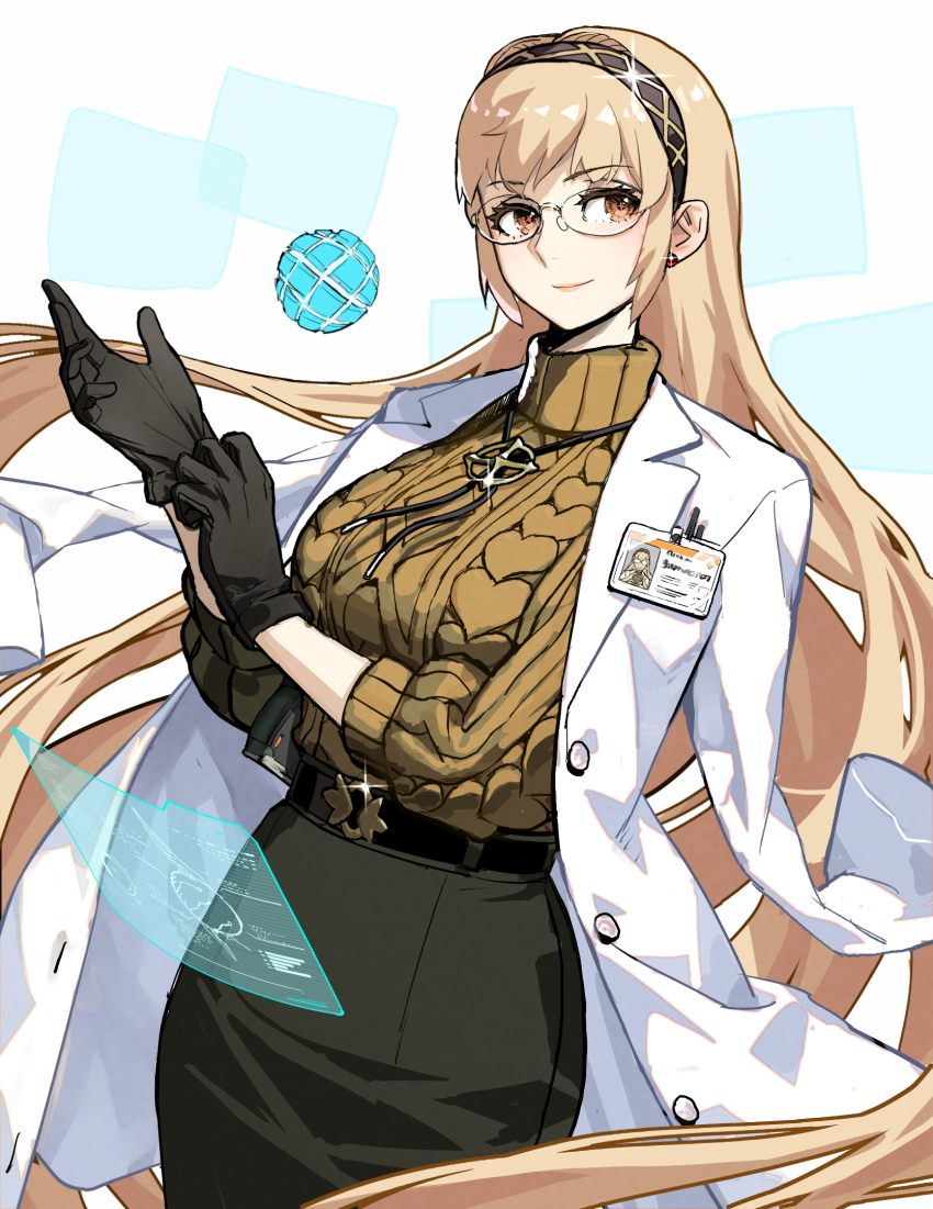 1girl, adjusting_clothes, adjusting_gloves, belt, black_belt, black_gloves, black_skirt, blonde_hair