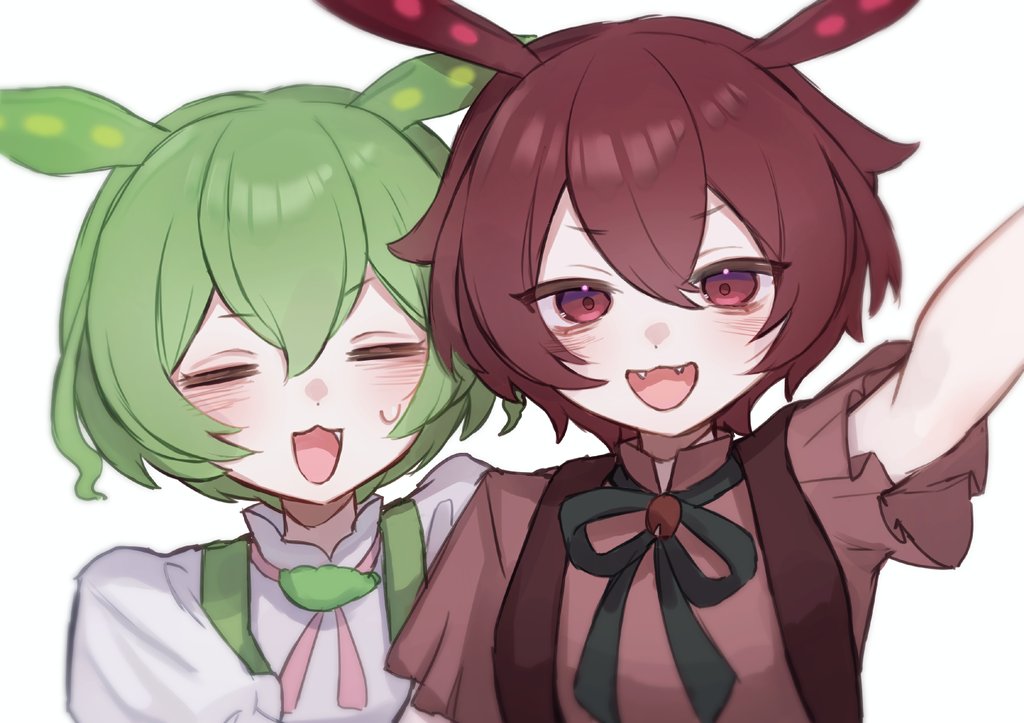 2girls, :3, :d, animal_ears, ankomon, arazan_(ara_arazan24), black_ribbon, blush, closed_eyes, dot_nose, double-parted_bangs, edamame, facing_viewer, fangs, green_hair, hair_between_eyes, hand_up, hashtag-only_commentary, looking_at_viewer, multiple_girls, neck_ribbon, open_mouth, pink_ribbon, red_eyes, red_hair, red_shirt, ribbon, shirt, short_hair, short_sleeves, simple_background, smile, suspenders, sweatdrop, upper_body, voicevox, white_background, white_shirt, zundamon