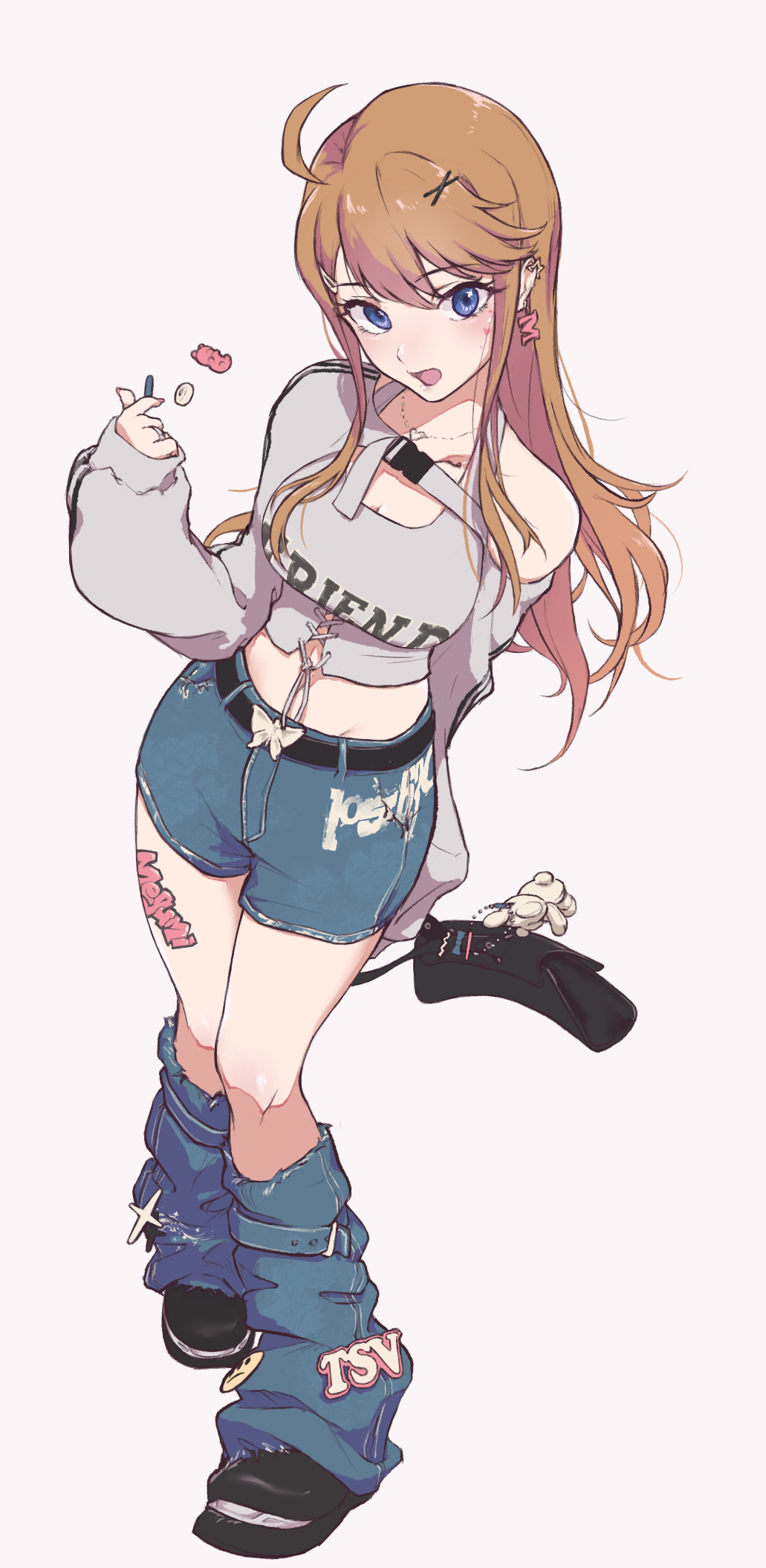 1girl, ahoge, black_hair, black_shoes, blue_eyes, breasts, brown_hair, commentary_request, denim, denim_leg_warmers, denim_shorts, earrings, facial_mark, full_body, grey_shirt, hair_ornament, hairclip, heart, heart_facial_mark, heart_necklace, highres, hodoyoi, idolmaster, idolmaster_million_live!, jewelry, leg_tattoo, leg_warmers, long_hair, long_sleeves, looking_at_viewer, midriff, necklace, open_mouth, shirt, shoes, shorts, simple_background, sleeves_past_wrists, solo, tattoo, thighhighs, tokoro_megumi, white_background, x_hair_ornament