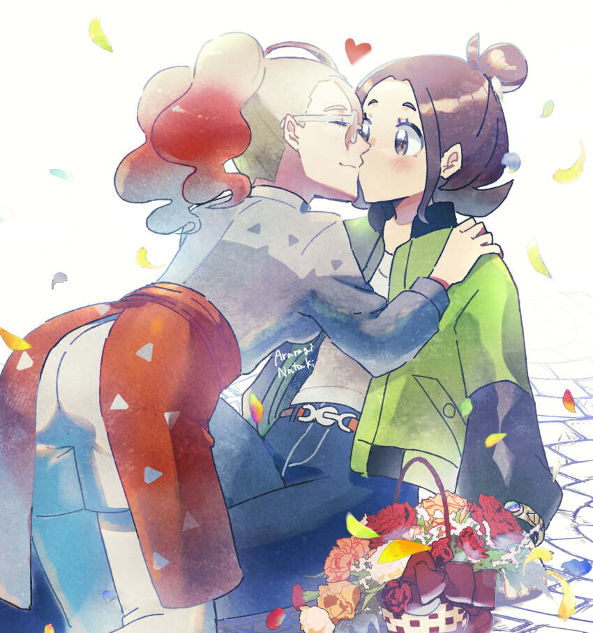 2girls, apron, araragi_natsuki, blue_pants, blush, bouquet, breasts, brown_eyes