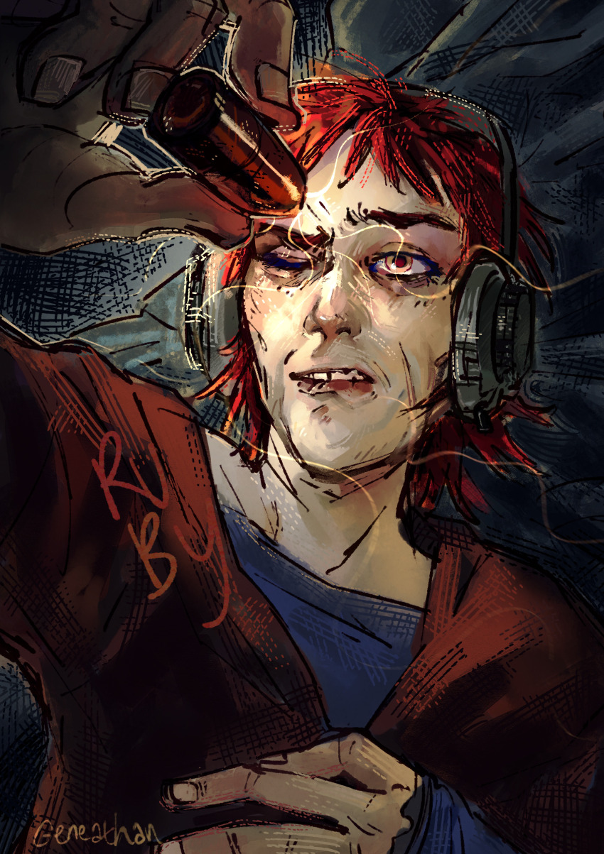 1girl, aegyo_sal, blue_shirt, bullet, character_name, disco_elysium, geneathan, hand_up