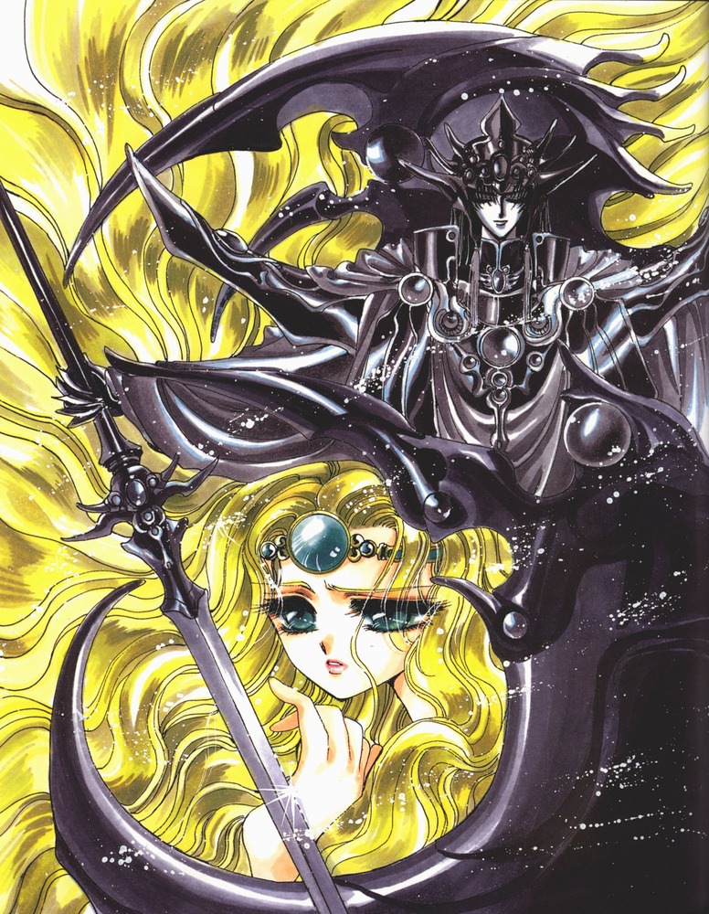 1990s_(style), 1boy, 1girl, armor, blonde_hair, circlet, clamp, cloak