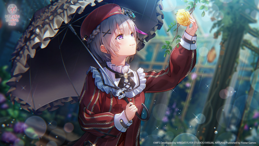 1girl, beret, black_bow, black_bowtie, black_flower, black_ribbon, black_umbrella, blunt_bangs
