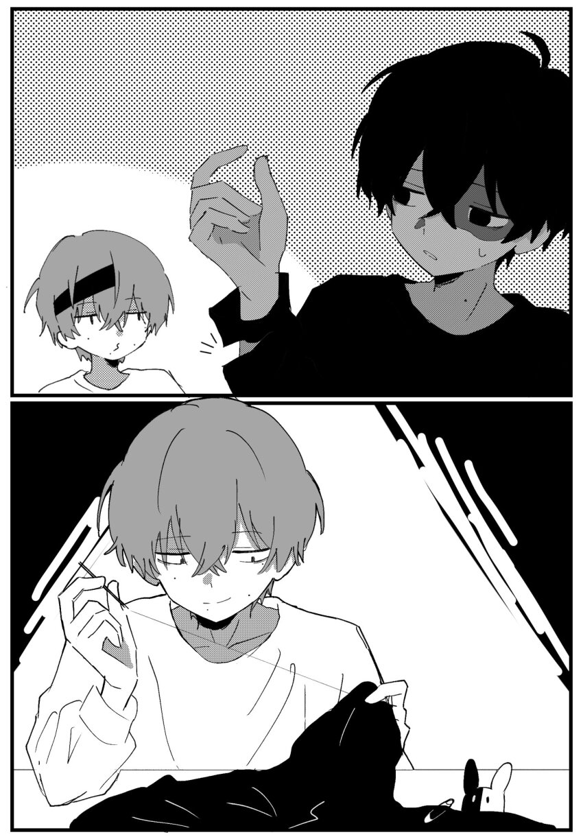 2boys, black_eyes, burn_scar, commentary, eve_(musician), fuchi_sunao, greyscale, highres