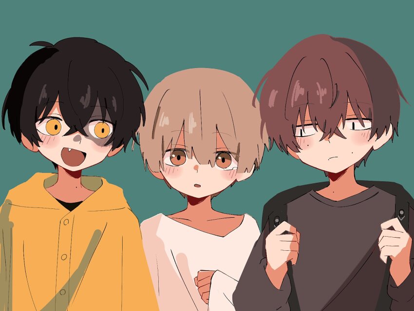 3boys, aged_down, black_eyes, black_hair, blonde_hair, brown_hair, burn_scar, commentary_request