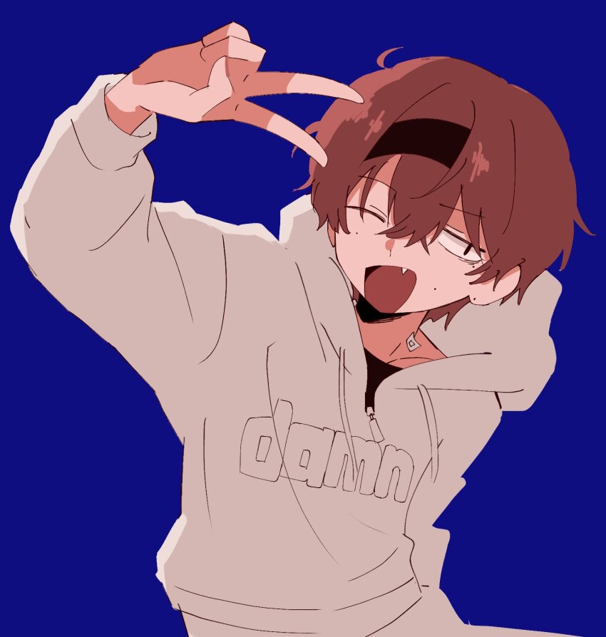 black_headband, blue_background, commentary_request, eve_(musician), fang, headband, highres, hiruma_mahiru, hood, hoodie, long_sleeves, mahiru_hiruma, male_focus, mole, mole_on_cheek, mole_under_eye, popepapi123, red_hair, short_hair, simple_background, smile, v, white_hoodie