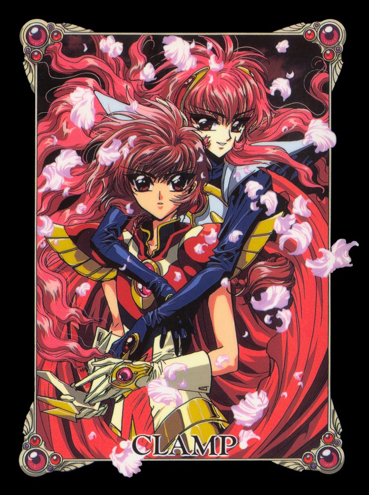 1990s_(style), 2girls, armor, black_border, border, braid, cape, gloves