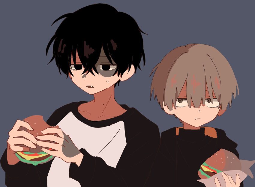 2boys, black_eyes, black_hair, black_shirt, brown_eyes, brown_hair, burger, burn_scar, commentary, eating, eve_(musician), food, fuchi_sunao, grey_background, highres, holding, holding_burger, holding_food, long_sleeves, male_focus, multiple_boys, otogiri_tobi, popepapi123, scar, shirt, short_hair, simple_background, untranslatable_commentary