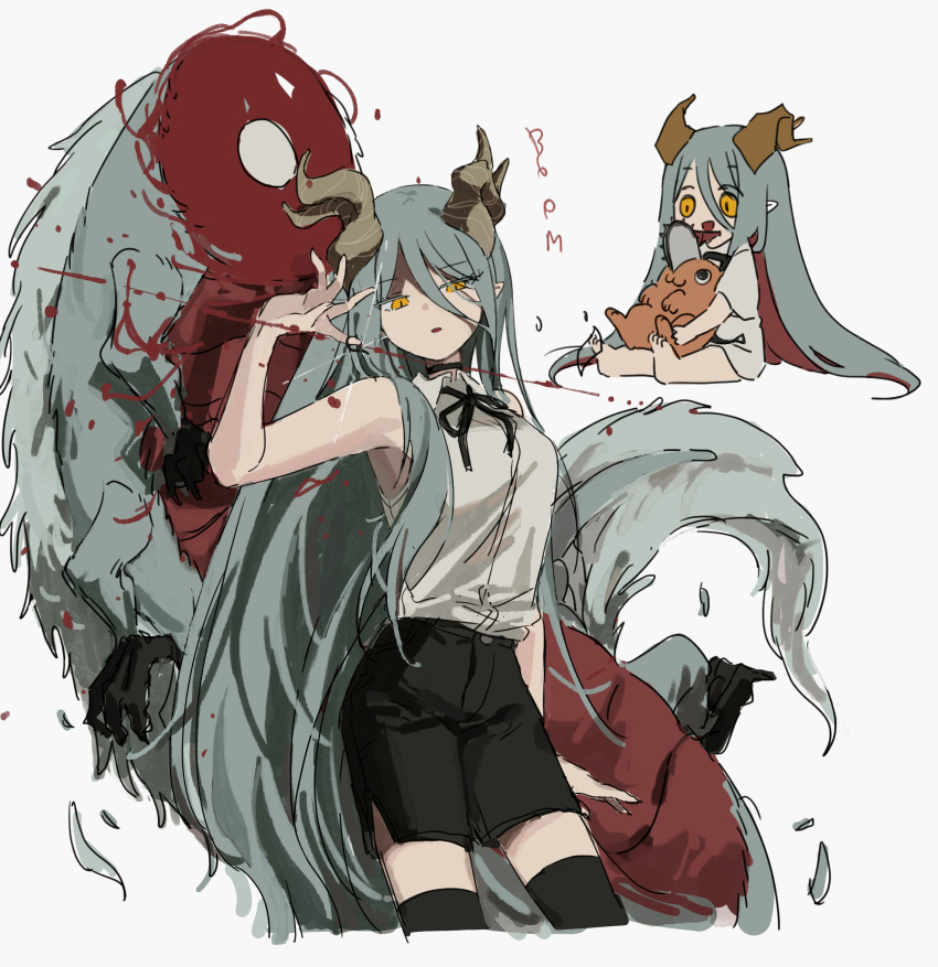 1girl, aqua_hair, black_choker, black_ribbon, black_shorts, chainsaw_man, choker, collared_shirt