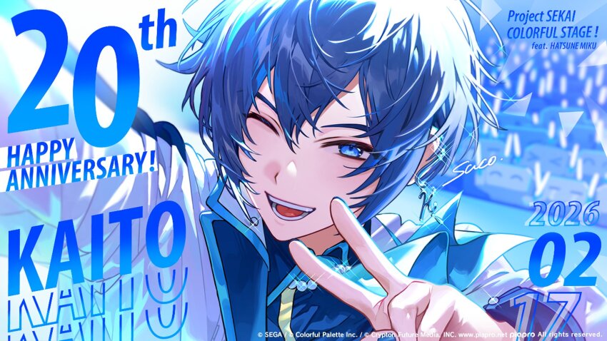 >_<, 1boy, ;d, ^_^, anniversary, blue_eyes, blue_hair, blue_nails