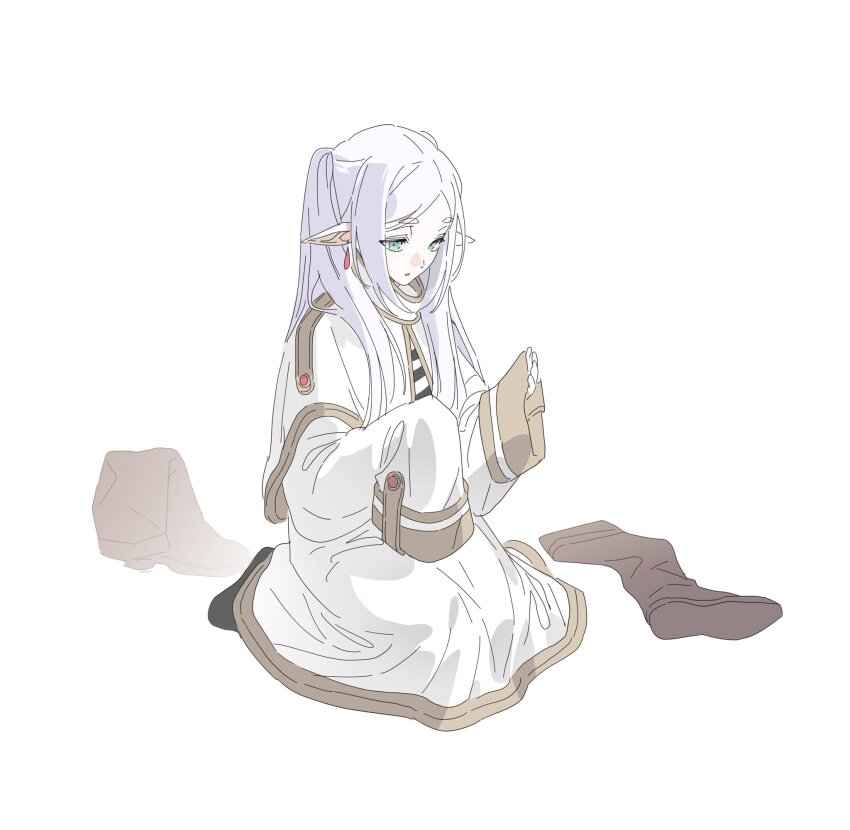 1girl, black_pantyhose, boots, brown_boots, capelet, earrings, elf, frieren