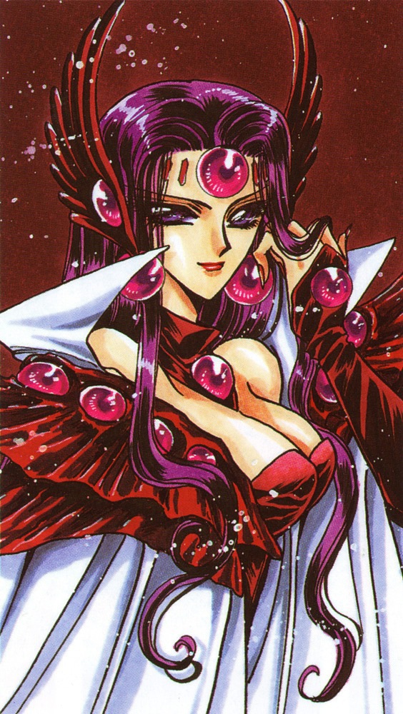 1990s_(style), 1girl, alcyone, alcyone_(rayearth), breasts, clamp, cloak, earrings, facial_mark, female_focus, forehead_mark, gem, headgear, jewelry, long_hair, magic_knight_rayearth, official_art, purple_eyes, purple_hair, retro_artstyle, scan, smile, solo