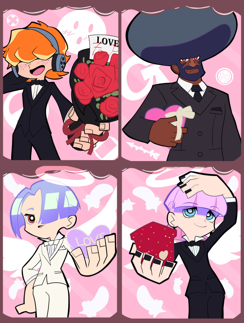 4boys, absurdres, afro, black_hair, black_nails, blue_eyes, blue_hair, blunt_bangs