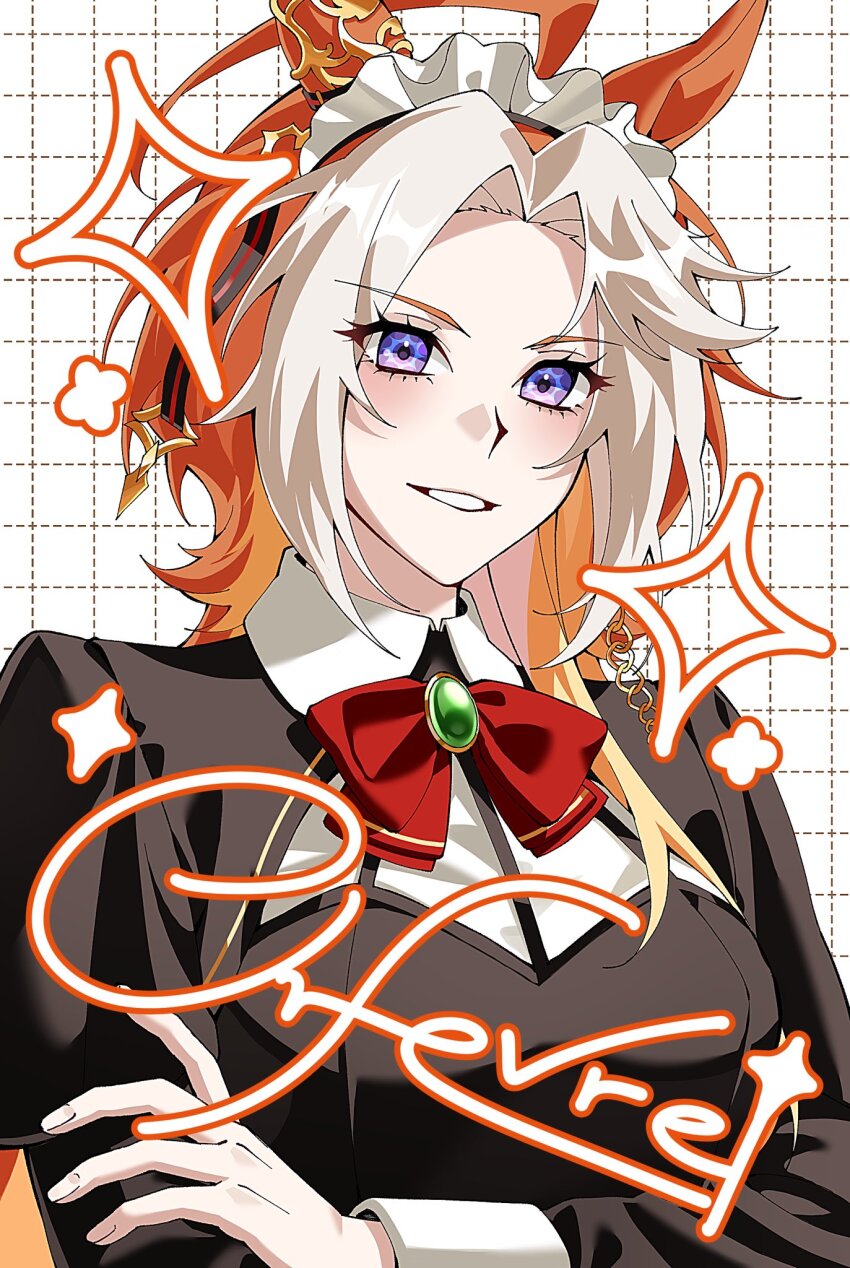 1girl, ahoge, animal_ears, black_capelet, black_shirt, blue_eyes, blush, bow