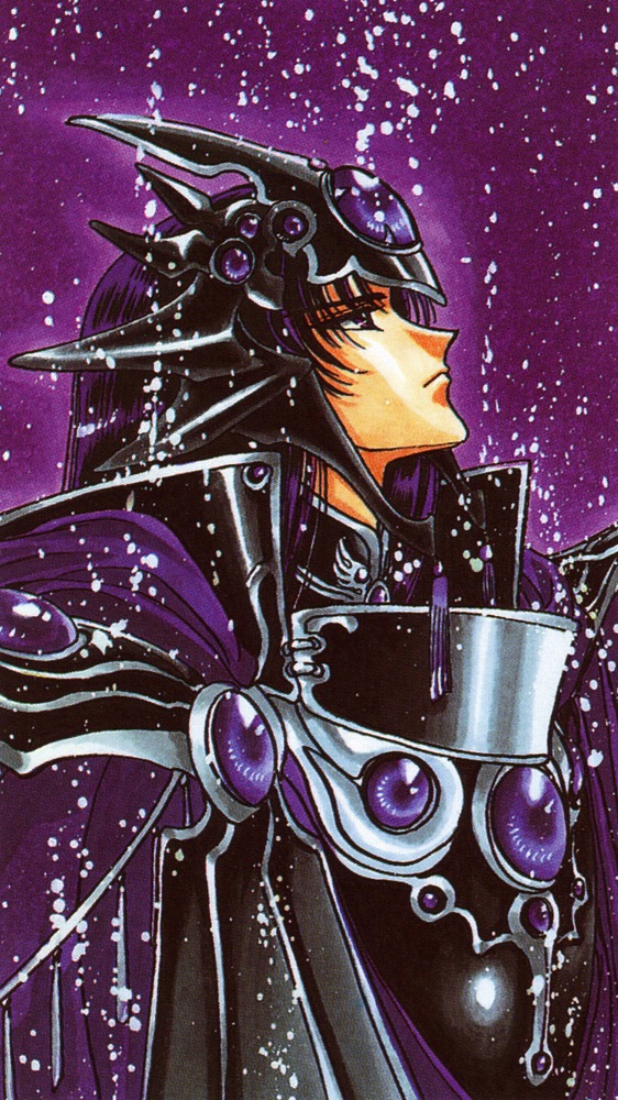 1990s_(style), 1boy, armor, black_eyes, black_hair, clamp, cloak, headgear, long_hair, magic_knight_rayearth, male_focus, official_art, purple_theme, retro_artstyle, scan, serious, solo, zagato, zagato_(rayearth)