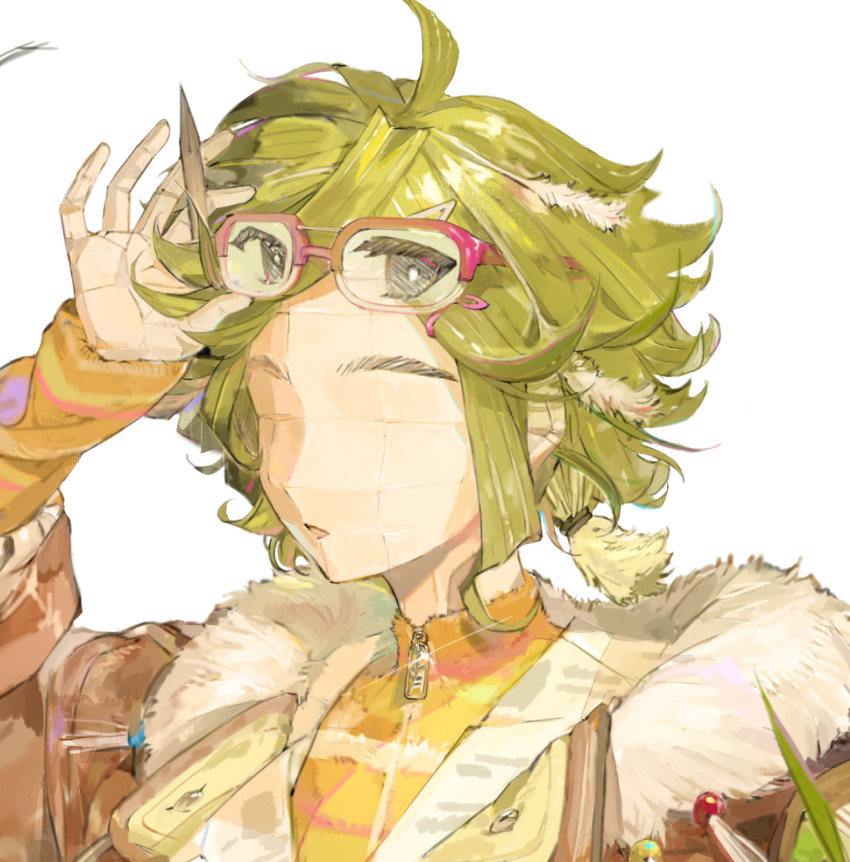 1girl, brown_jacket, chinese_commentary, commentary_request, cropped, eyewear_lift, fur-trimmed_jacket, fur_trim