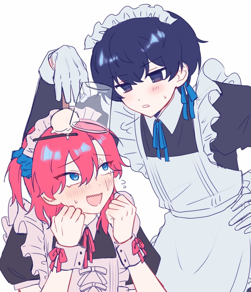 2boys, absurdres, apron, black_dress, black_eyes, black_hair, blue_ribbon, blush