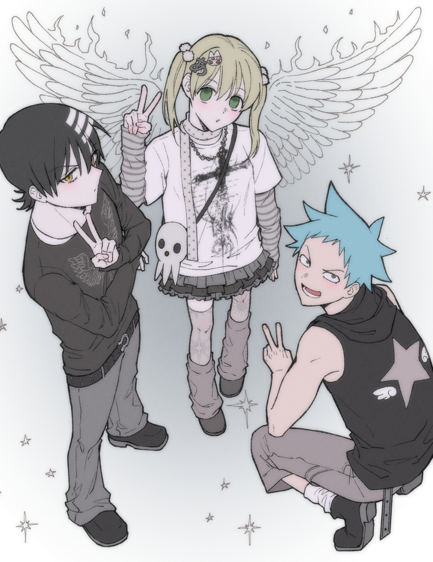 1girl, 2boys, amugonagurim, bag, bare_shoulders, belt, black_belt, black_hair