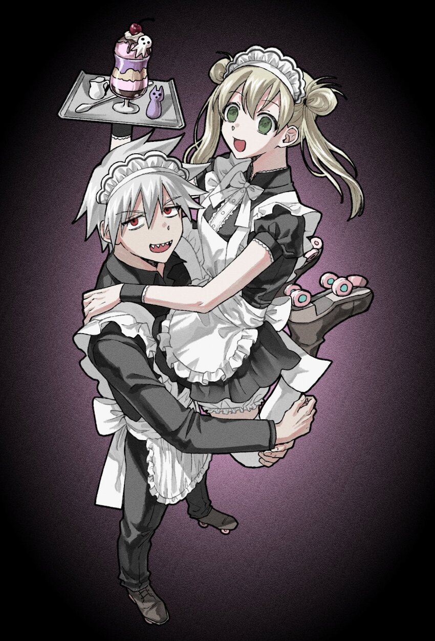 1boy, 1girl, amugonagurim, apron, black_dress, black_pants, black_shirt, black_wrist_cuffs