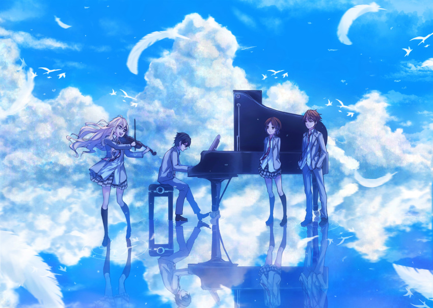 2boys, 2girls, :d, absurdres, ahoge, arima_kousei, arms_behind_back, black_hair