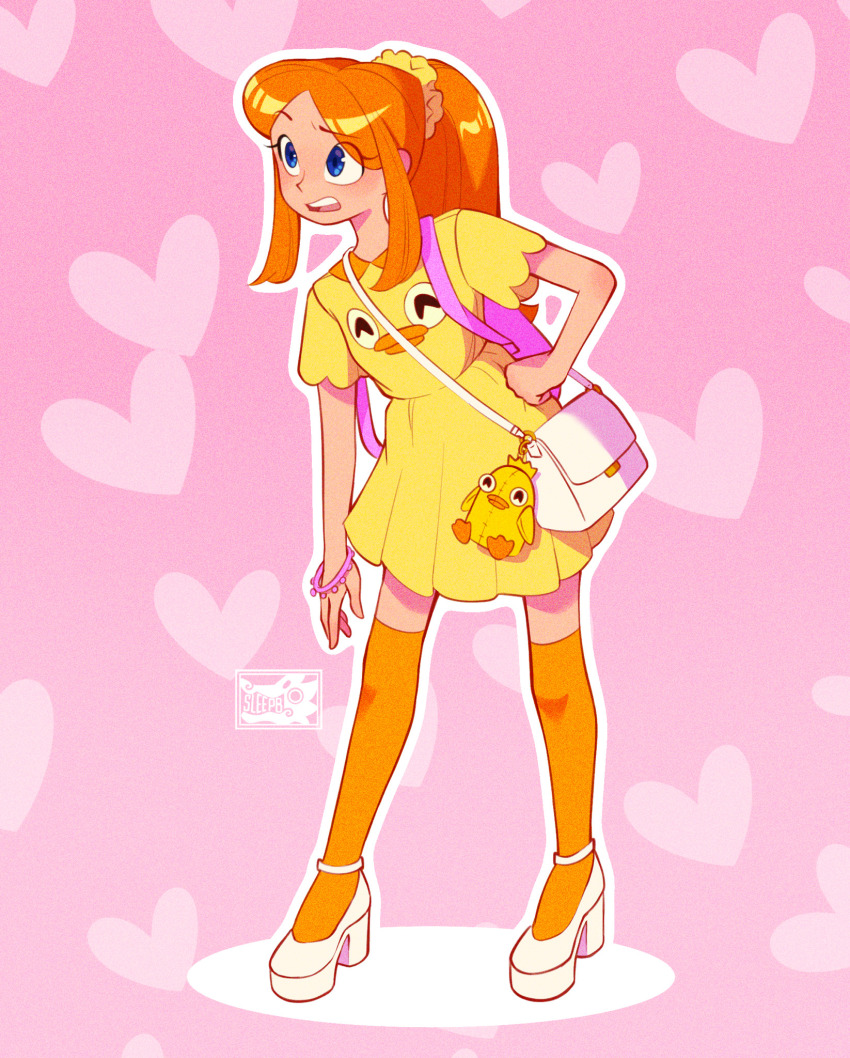 1girl, alternate_hairstyle, backpack, bag, blue_eyes, bracelet, candace_flynn, collared_shirt