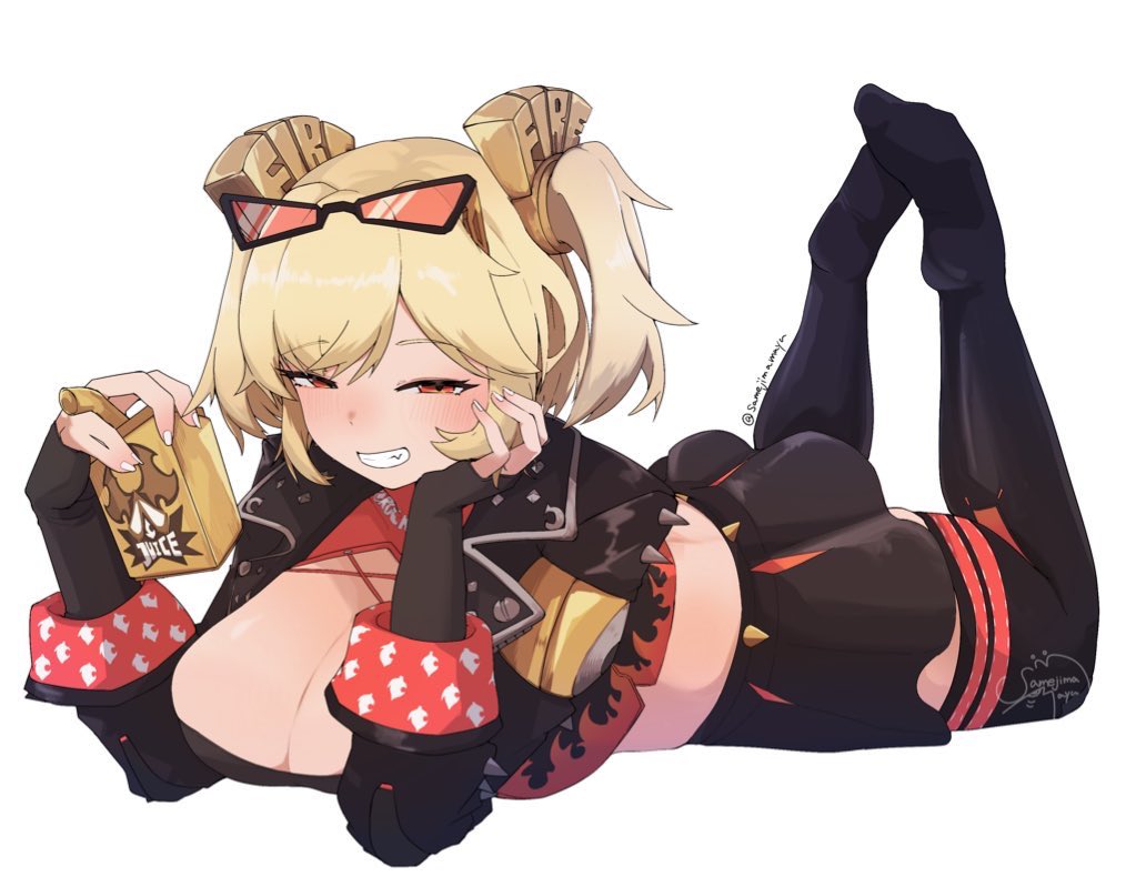 1girl, black-framed_eyewear, black_jacket, black_skirt, black_thighhighs, black_tube_top, blonde_hair, blush