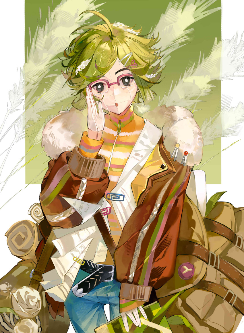 1girl, :o, absurdres, ahoge, bag, belt, black_belt, black_eyes