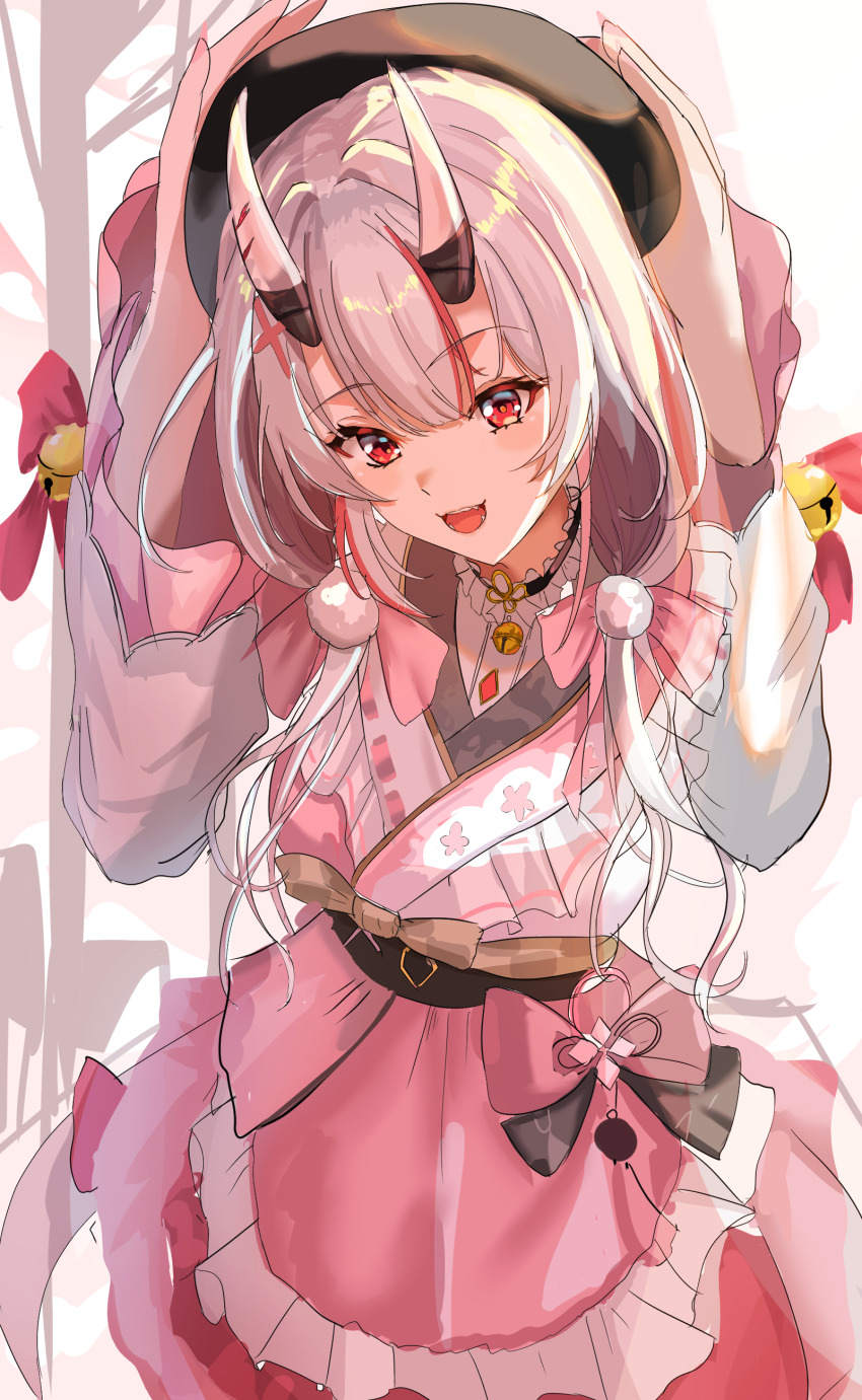 1girl, absurdres, bell, beret, bow, bowtie, commentary_request, dress, frilled_dress, frills, hat, highres, hololive, horns, japanese_clothes, kurogomatcha, long_hair, multicolored_hair, nakiri_ayame, nakiri_ayame_(10th_costume), open_mouth, red_eyes, smile, virtual_youtuber