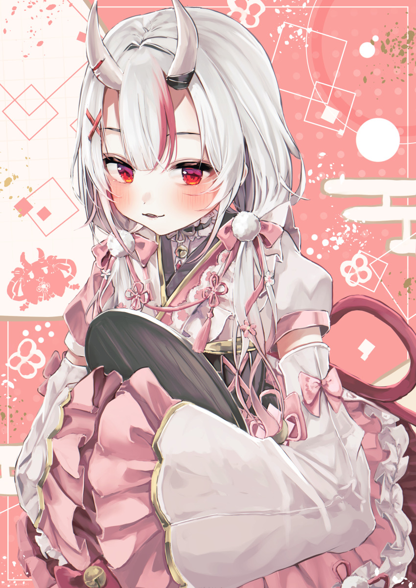 1girl, absurdres, blush, bow, bowtie, commentary_request, detached_sleeves, frilled_sleeves